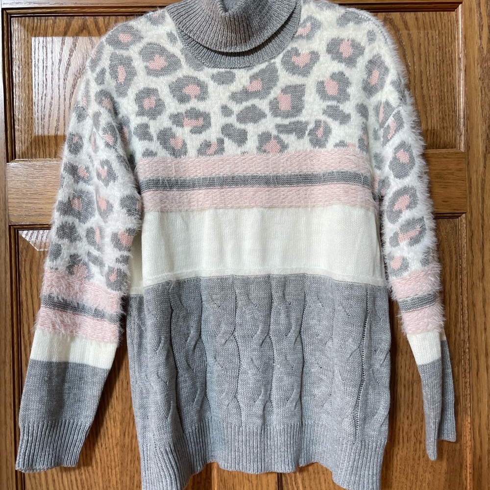 Absolutely Famous Gray and Pink Cowl Neck Sweater